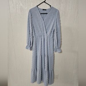 Womens Fashion Blue Swiss Dot Long Sleeve Flow Dress